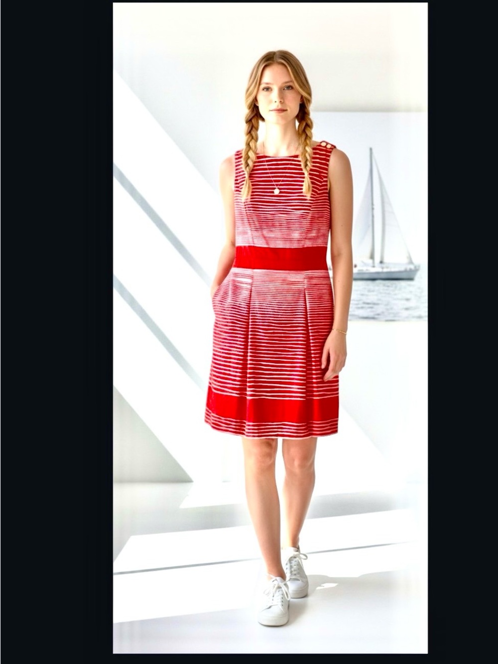 TALBOTS Dress- Fit and Flare Cocktail. Red & White Nautical Sleeveless 8P, Midi